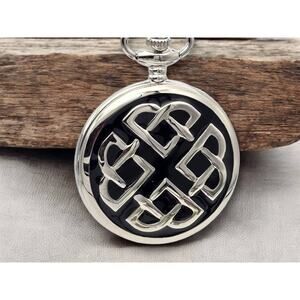 Celtic Knot Pocket Watch - Elegant Black Enamel Face with Silver Design Gift